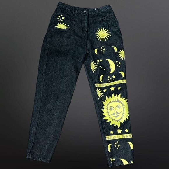 Woman’s Black Denim Factory Bright Yellow Moon & Sun Stars Pattern 28x28 #231 - Picture 1 of 5